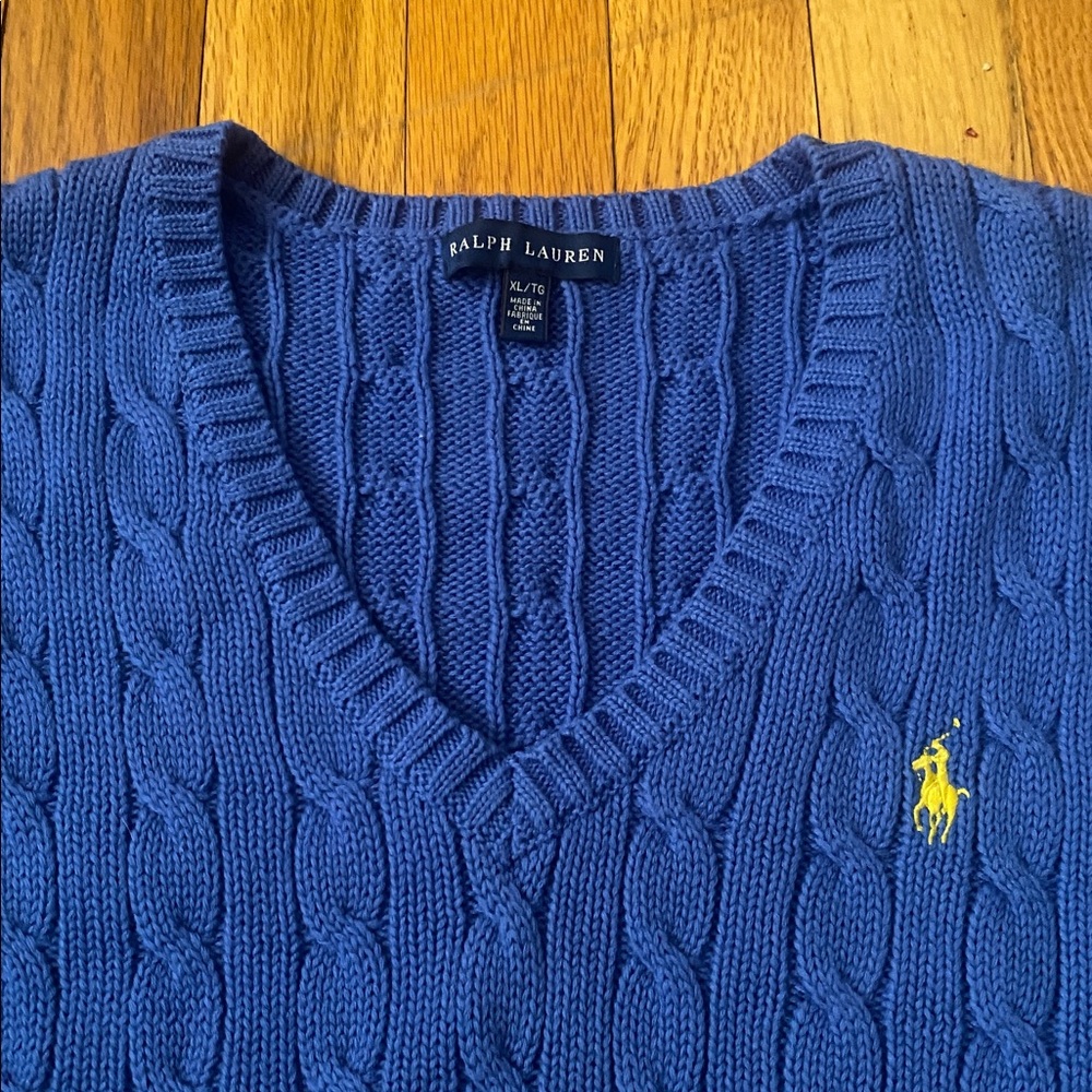 Ralph Lauren Cable Knit V Neck Sweater Size XL 100% Cotton Periwinkle Blue EUC - Picture 2 of 14
